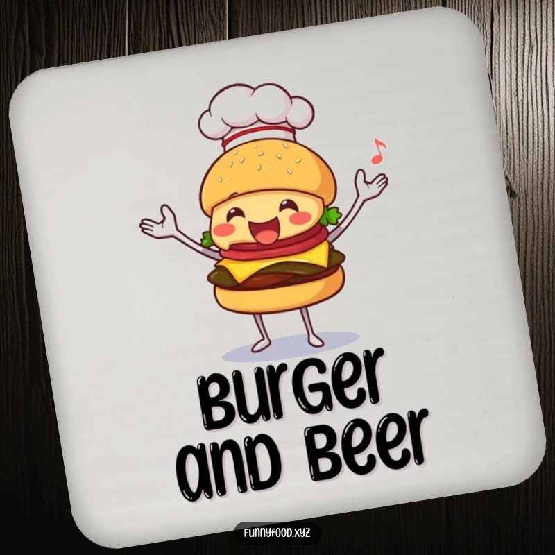 Funny drink coaster featuring a happy burger chef juggling, adding a humorous flair to any table.