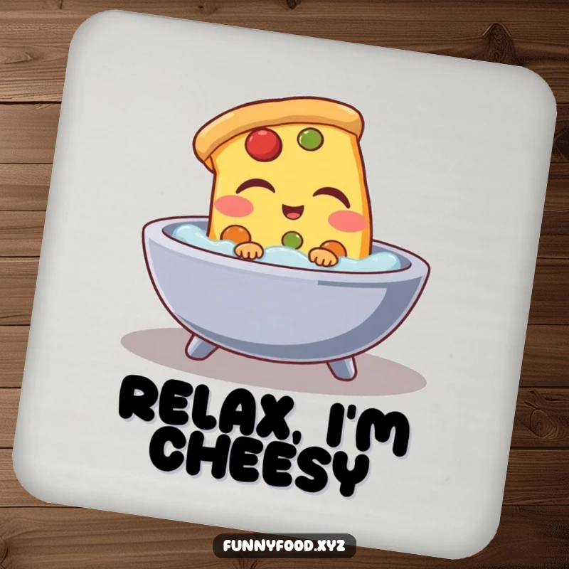 Funny pizza slice coaster, depicting a pizza enjoying a relaxing bath, protecting surfaces with humorous charm.