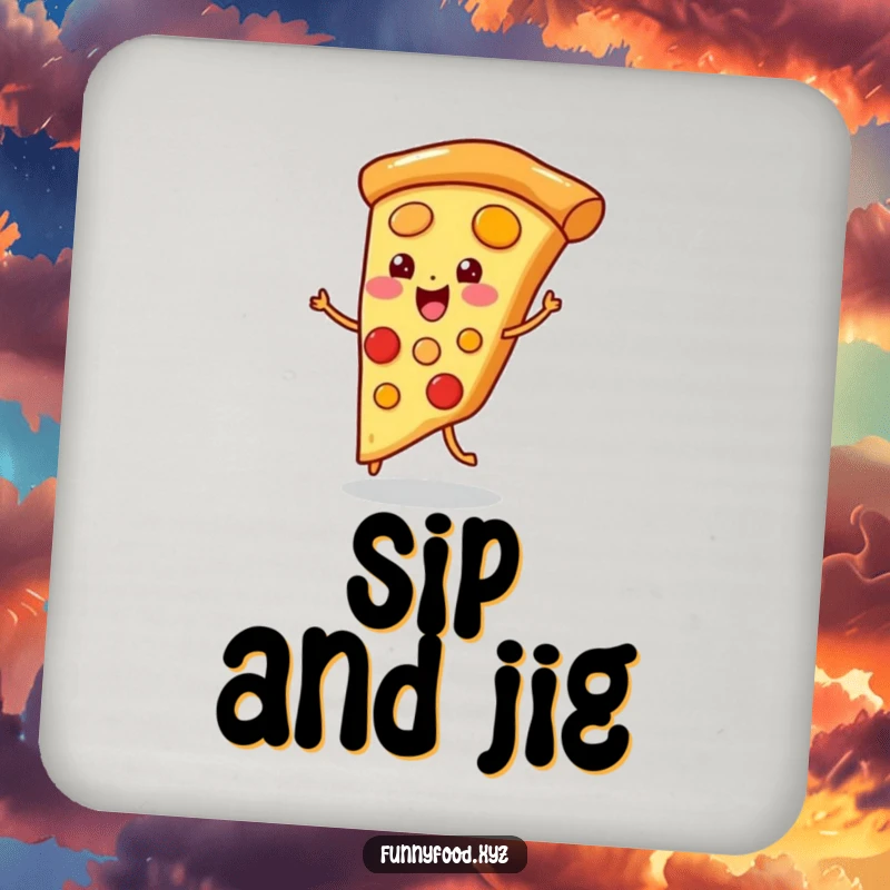 Funny drink coaster with a playful pizza slice doing a little jig, looking happy and energetic.
