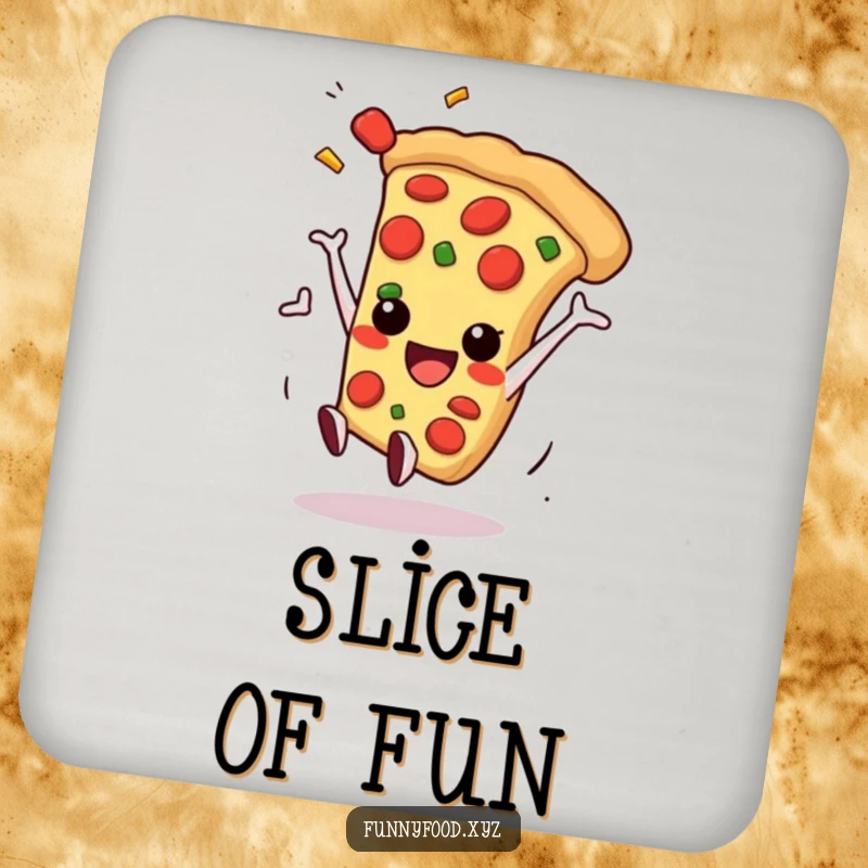 Smiling anthropomorphic pizza slice performing a playful somersault with toppings flying, adding fun to your drinks.