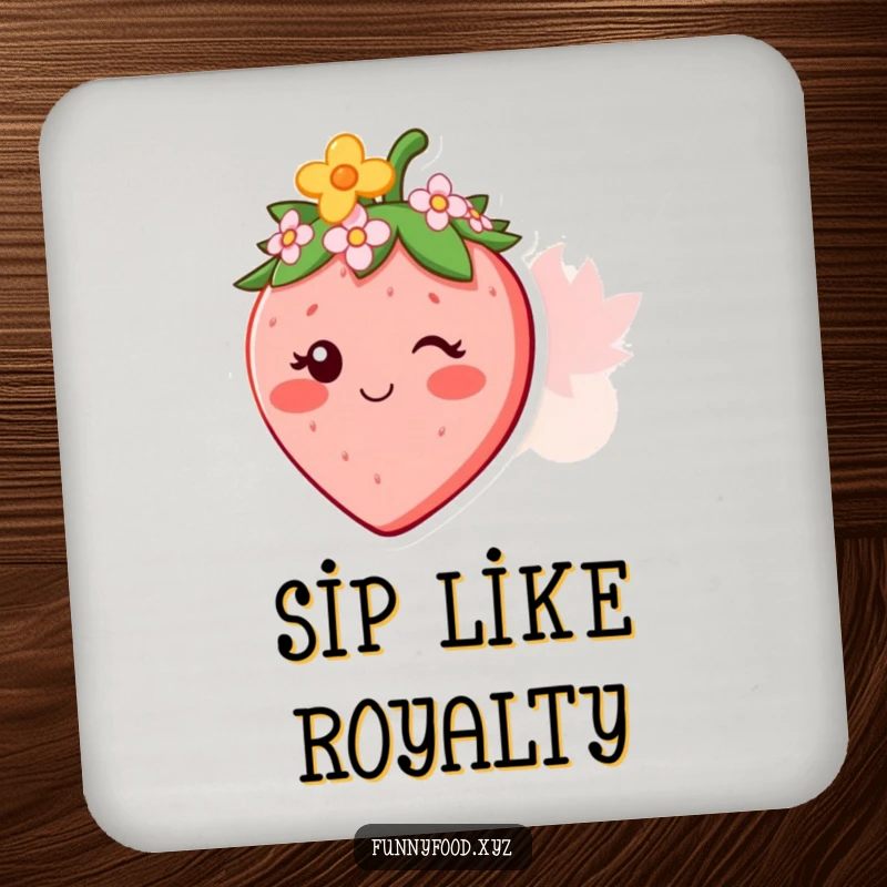 Funny drink coaster featuring a smiling strawberry character wearing a tiny flower crown, adding natural charm.