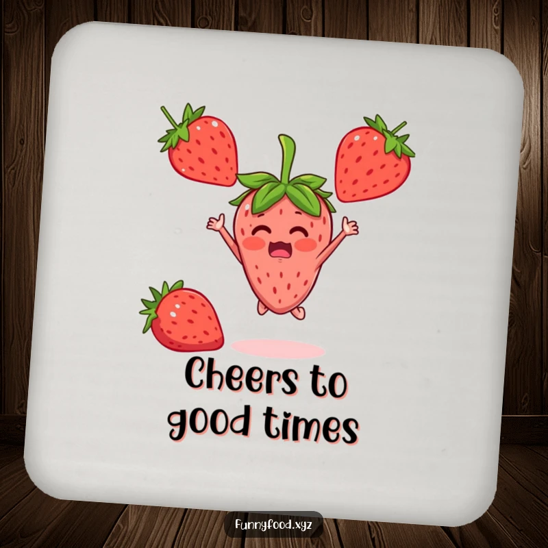 A set of coasters featuring a surprised strawberry person jumping with joy, bringing cheerful humor.
