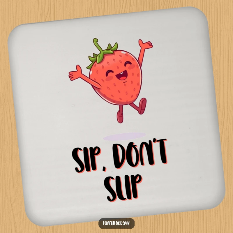 Funny drink coaster featuring a gleeful anthropomorphic strawberry performing a playful leap.