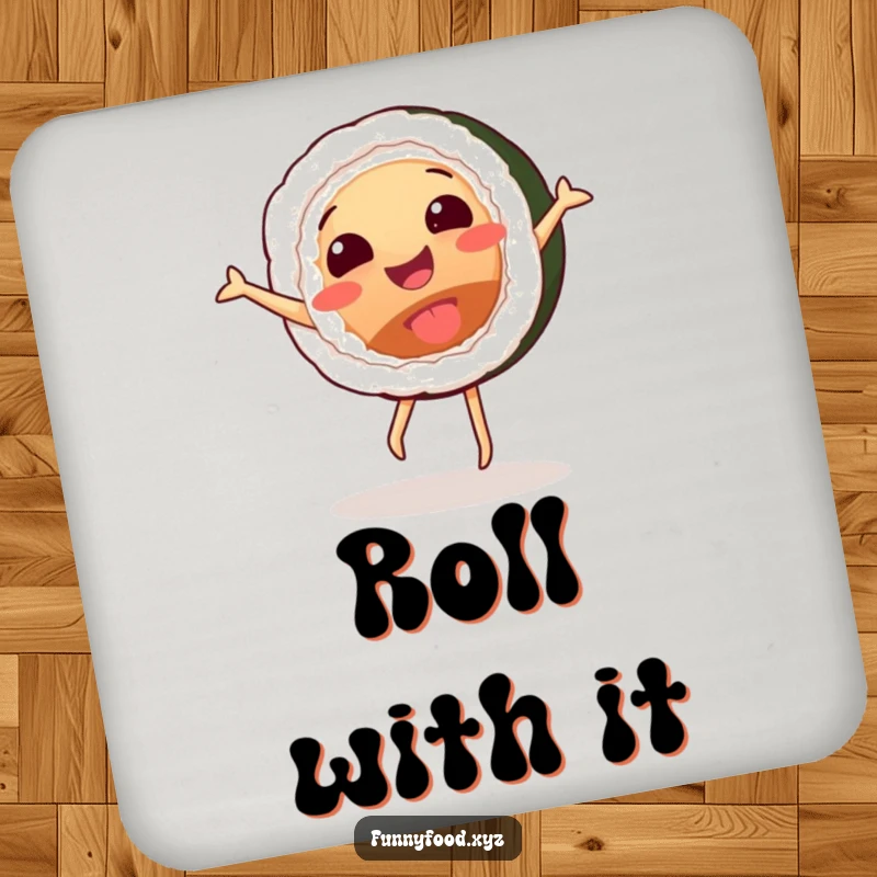 Funny drink coaster adorned with a happy sushi roll character mid-cartwheel, adding a humorous touch to your table.
