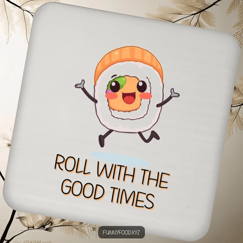 A set of coasters showcasing a funny sushi roll character running enthusiastically, bringing humor to your table.