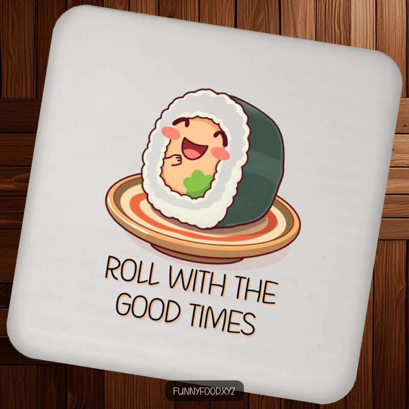 Funny sushi coaster, depicting a wiggling sushi roll on a plate, protecting surfaces with humorous charm.