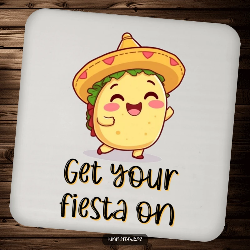 Funny drink coaster showcasing a shimmying taco, bringing a festive and humorous vibe to any surface.