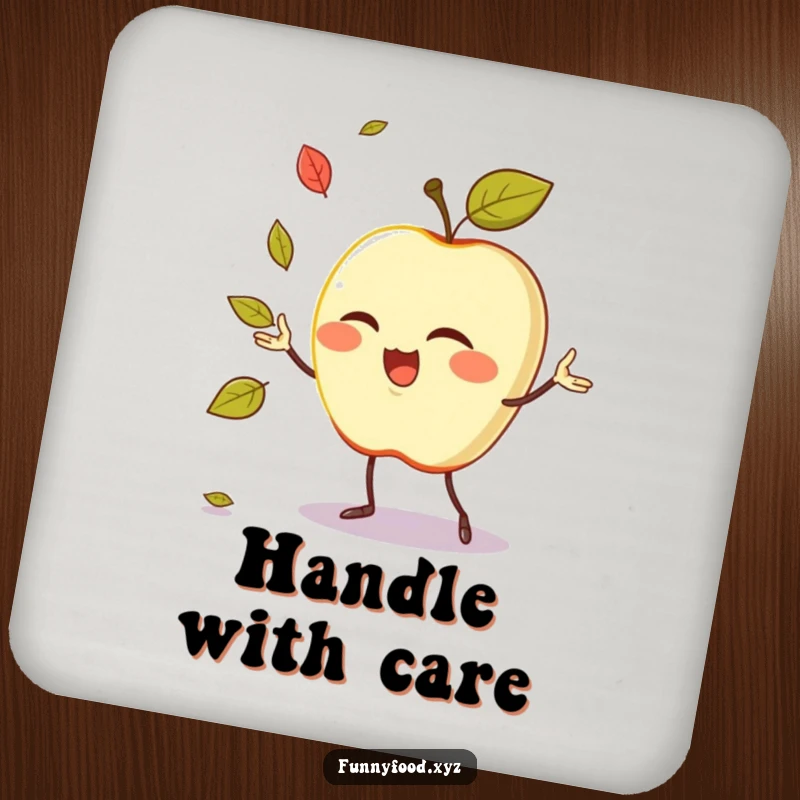 Funny drink coaster featuring a winking anthropomorphic apple juggling leaves, adding humor to any table.