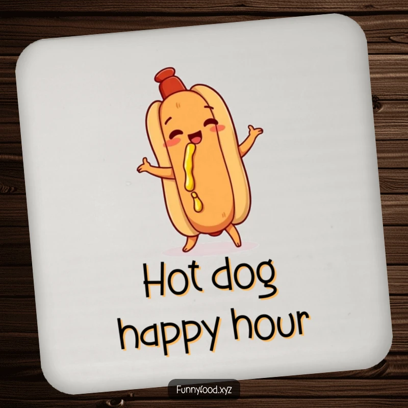 Funny hot dog coaster, doing a playful shimmy, with mustard dribbling, a humorous and protective drink accessory.