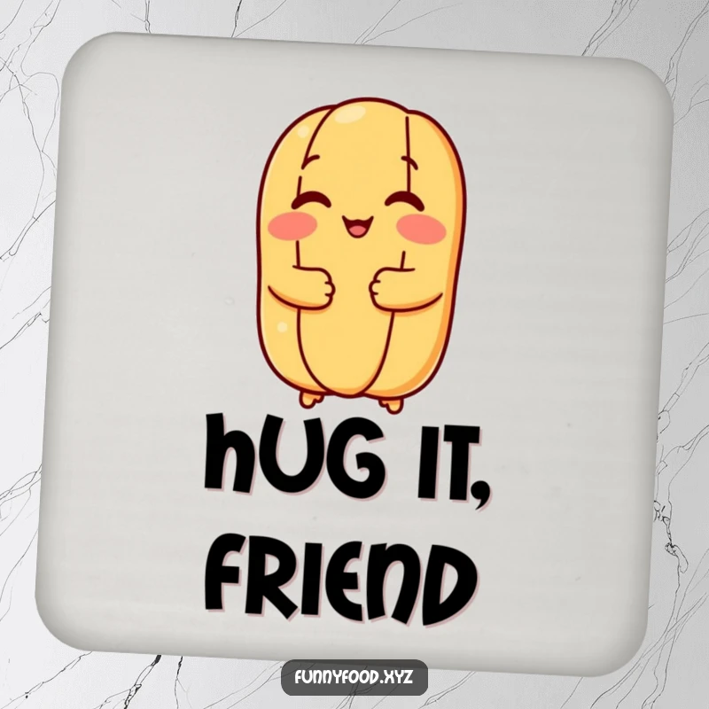 Funny hot dog bun coasters showing a happy bun giving a hug, protecting furniture with a smile and food humor.