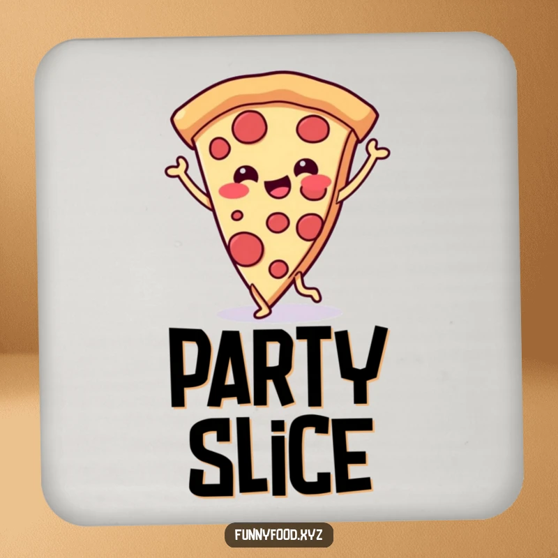 Funny coaster featuring a cheerful pizza slice with legs doing a joyful dance, adding a fun and vibrant touch to drink service.