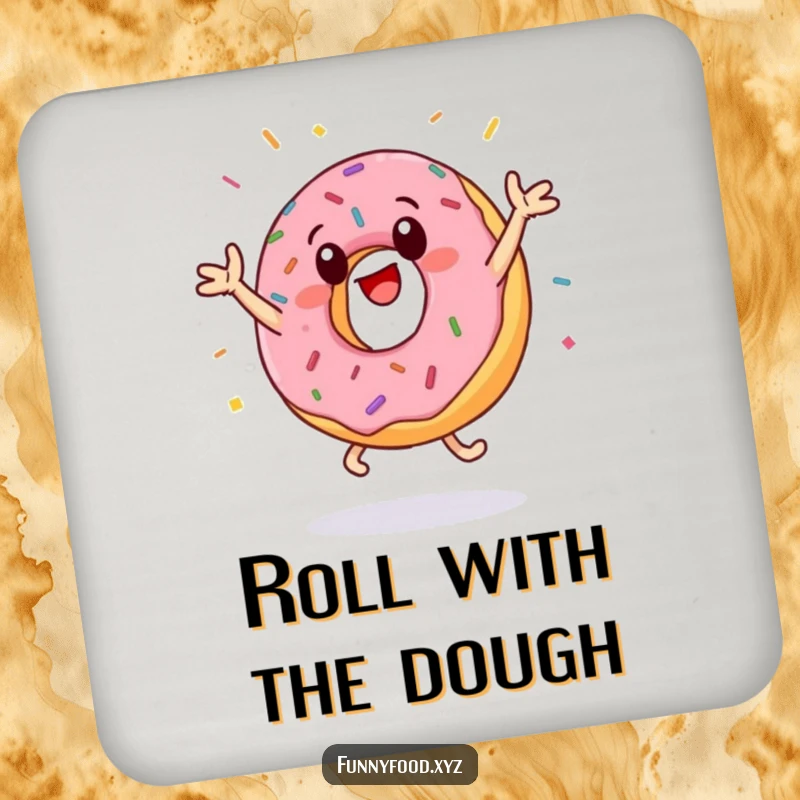 Funny donut coaster featuring a happy, anthropomorphic donut doing jumping jacks with a joyful explosion of sprinkles, adding humor to drink service.