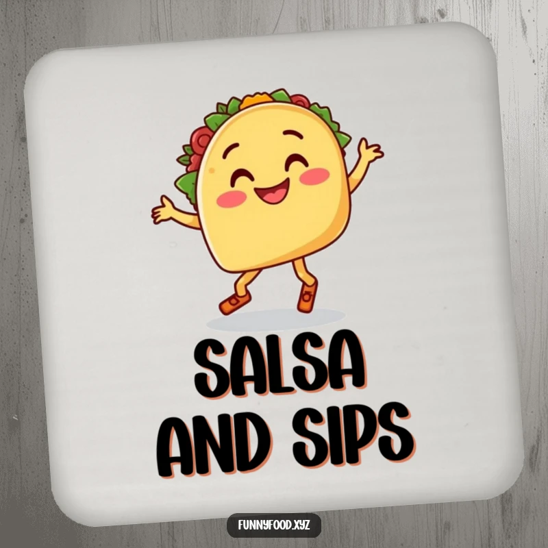 Funny drink coasters with a smiling taco with legs doing a goofy salsa dance, adding humorous fiesta decor.