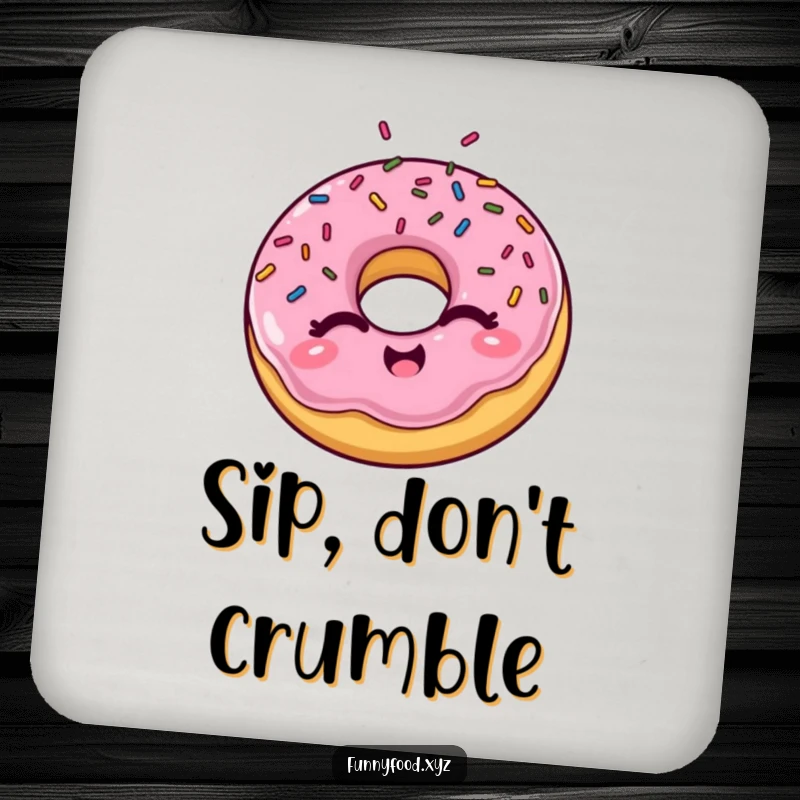 Funny winking donut coaster, showcasing a playful donut with sprinkles, adding a touch of quirky charm to any drink.