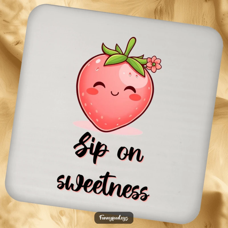 Funny drink coasters with a shy strawberry offering a small flower, adding a touch of sweet humor to any tabletop.