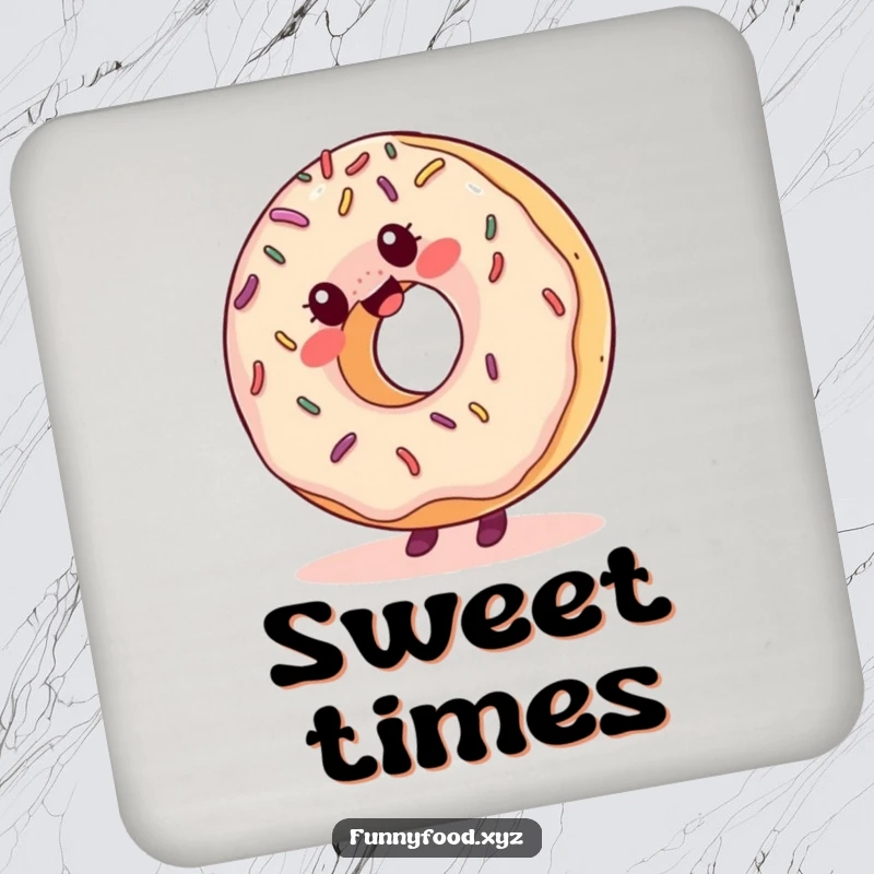 Funny coaster featuring a giggling donut with sprinkles excitedly doing a cartwheel, adding a fun and whimsical touch to drink service.