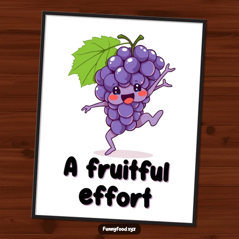 Funny Grapes Poster showcasing a brave bunch of grapes performing an acrobatic gymnastic move, full of motion.