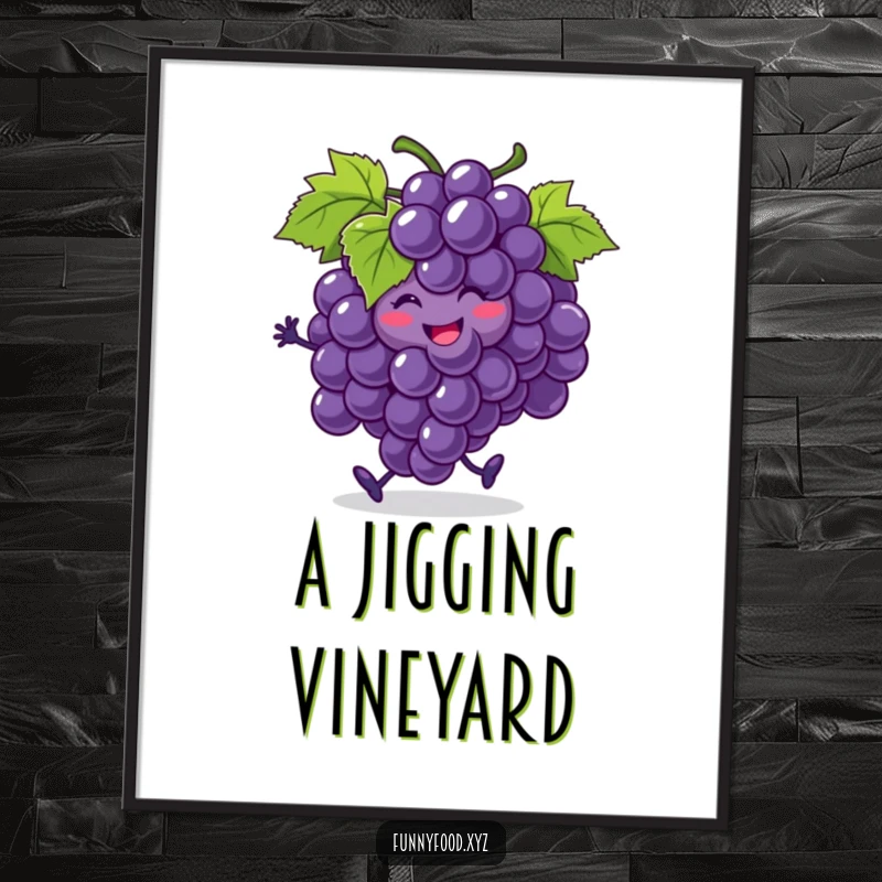Funny bunch of grapes poster, smiling and jigging, with one grape rolling, a humorous and energetic piece of fruit art.