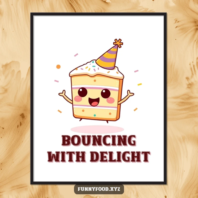 Funny happy cake slice poster, wearing a party hat, bouncing vibrantly with sprinkles, a humorous and festive piece of art.