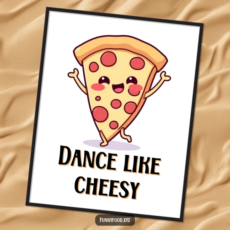 Funny poster art of a cheerful pizza slice with legs dancing joyfully, creating a fun and vibrant culinary theme.
