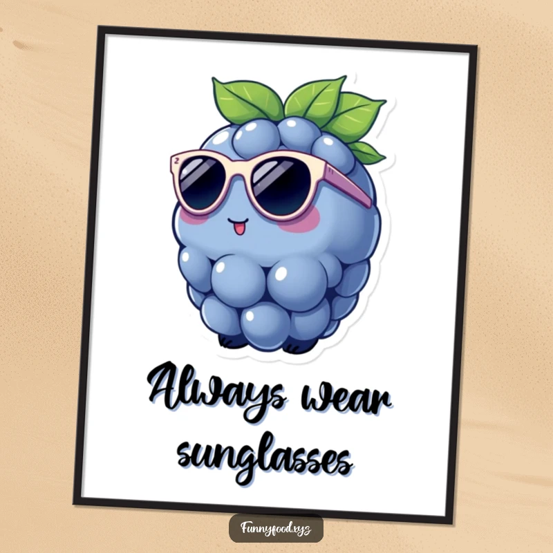 Funny Poster illustrating a charming blueberry rocking tiny sunglasses, creating a cool and humorous piece of wall art.