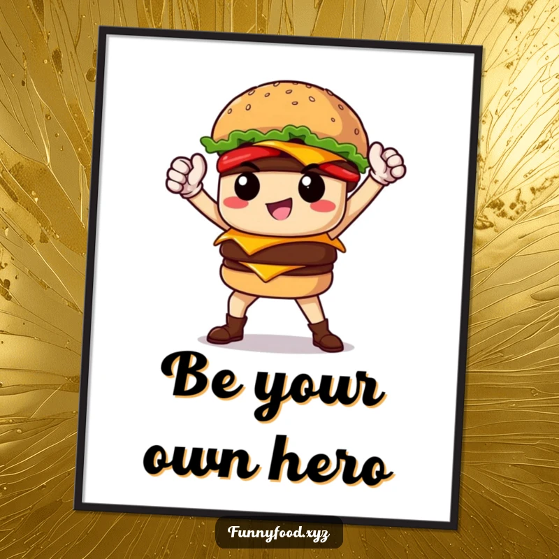 Funny proud burger hero striking a dramatic pose, depicted in a humorous poster perfect for adding bold personality.