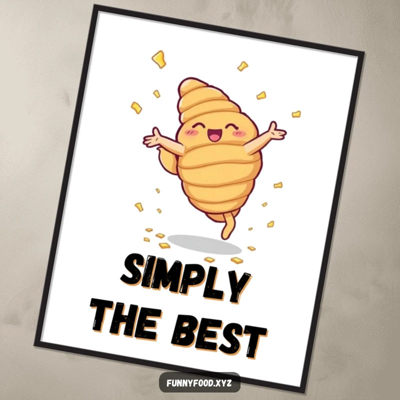 Funny poster art of a beaming anthropomorphic croissant doing cartwheels, a buttery explosion of joy.