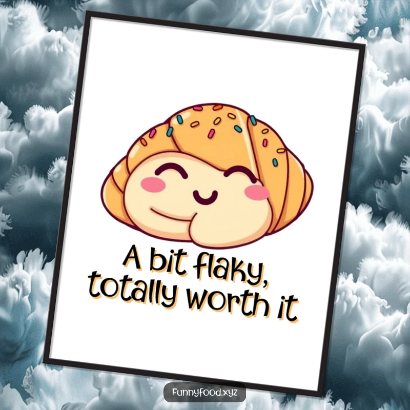 Funny poster art of a smiling croissant winking with sprinkles, adding a humorous and cheerful vibe to any wall.