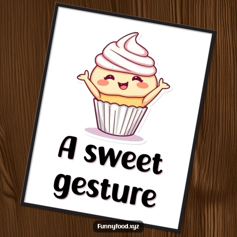 Funny cupcake poster depicting a giggling cupcake performing a playful bow, radiating sweet charm and humor. Excellent funny gift.
