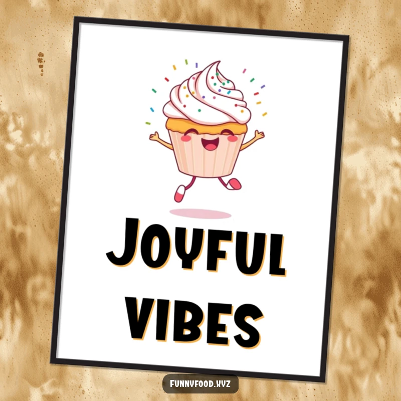 Funny cupcake poster print of a cheerful cupcake character skipping with a trail of colorful sprinkles flying behind.