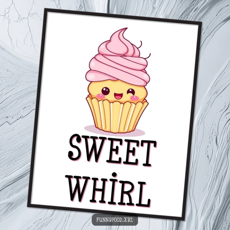 Funny poster art of a playful cupcake with colorful frosting hair, excitedly spinning, creating a fun and energetic theme.