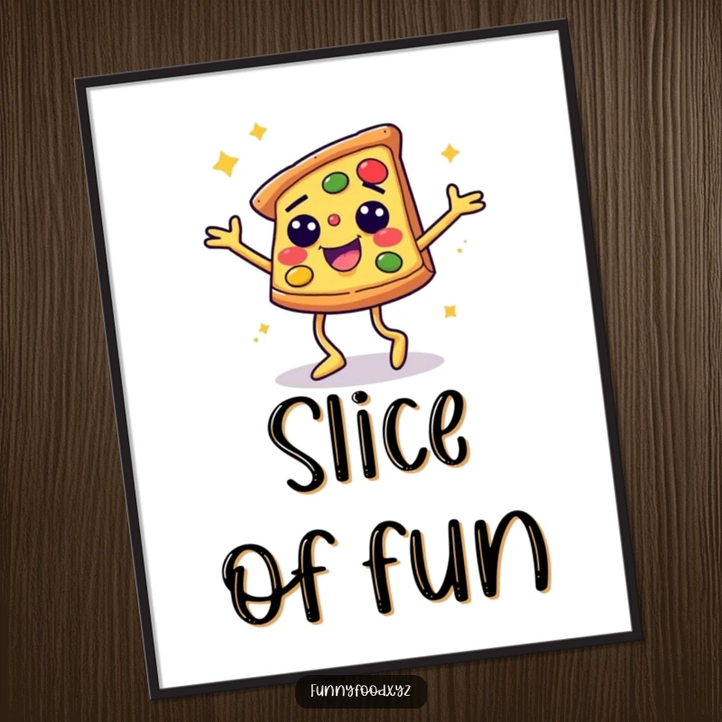 Funny poster capturing a smiling pizza slice busting out a disco dance move, radiating pure happiness and party vibes.