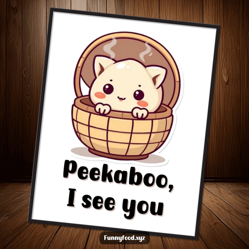 Funny curious dumpling peeking from a steaming basket, depicted in a humorous poster perfect for adding personality.
