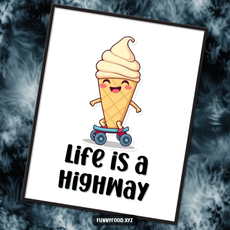 Funny ice cream cone poster featuring a smiling character gliding on a small roller skate, adding a whimsical and fun artistic touch.