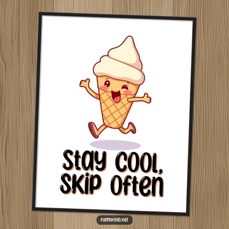 Funny poster art of an enthusiastic ice cream cone doing a happy skip, conveying sweet movement and joy.