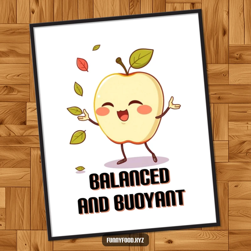 Funny poster art of a winking anthropomorphic apple juggling leaves, a hilarious addition to any space.