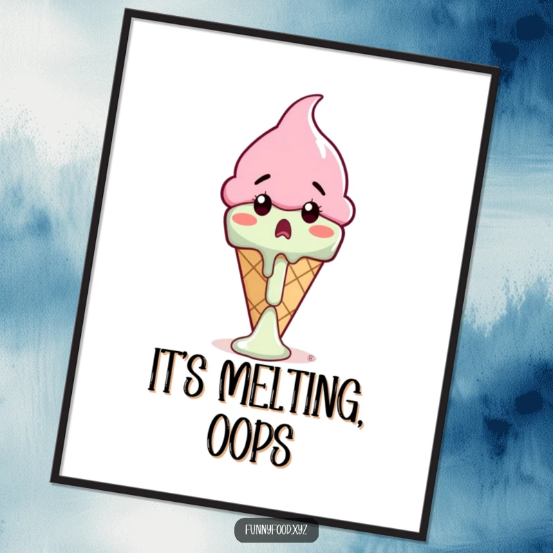 Funny ice cream cone poster of a surprised cone witnessing a rapid melt, adding a touch of summer humor to wall decor.