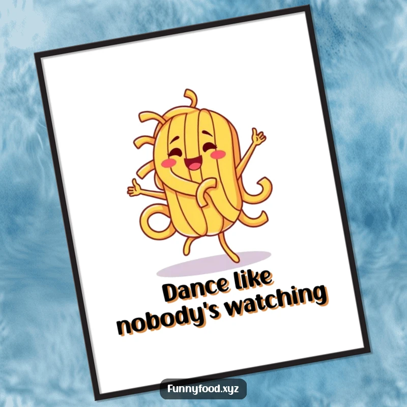 Funny pasta character captured mid-silly dance, creating a vibrant and humorous poster for kitchen or dining room decor.