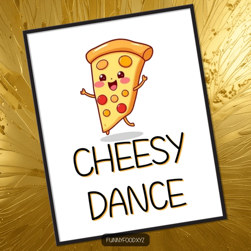 Funny poster of a playful pizza slice doing a little jig, looking energetic and joyfully dancing.
