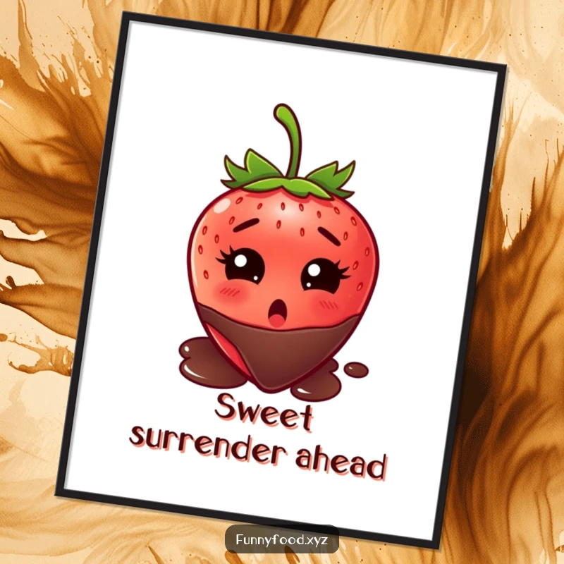 Funny strawberry poster, wide-eyed surprise, on the verge of being dipped in chocolate, a humorous piece of food-themed wall art.