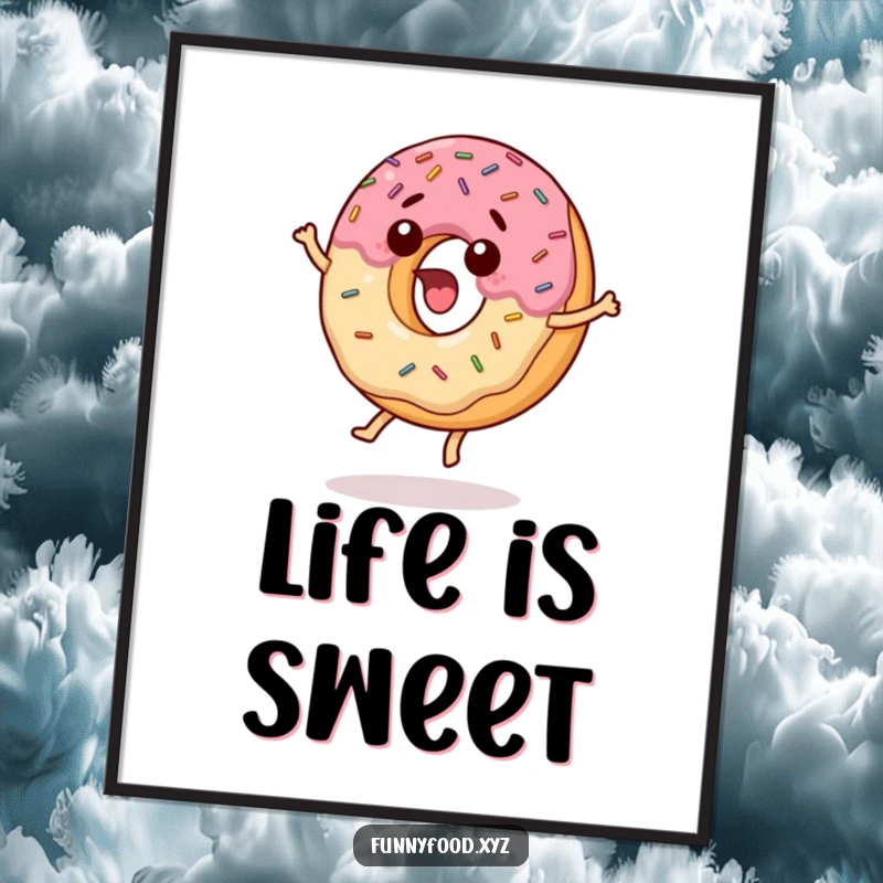Funny poster capturing a surprised donut with sprinkles enthusiastically jumping, radiating pure happiness and sweet delight.