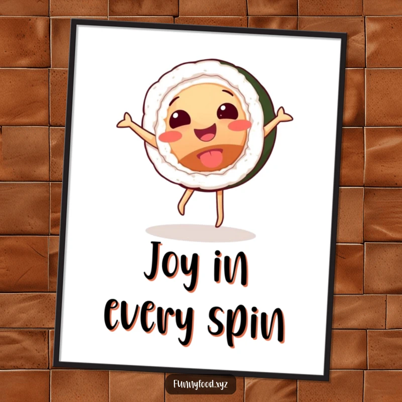 Funny poster print of a smiling sushi roll character executing a joyful cartwheel with dynamic motion.