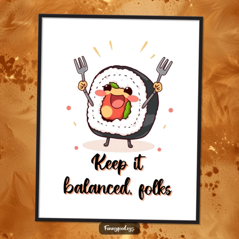 Funny poster of a sushi roll juggling tiny forks, bringing Japanese flair and humor to walls.