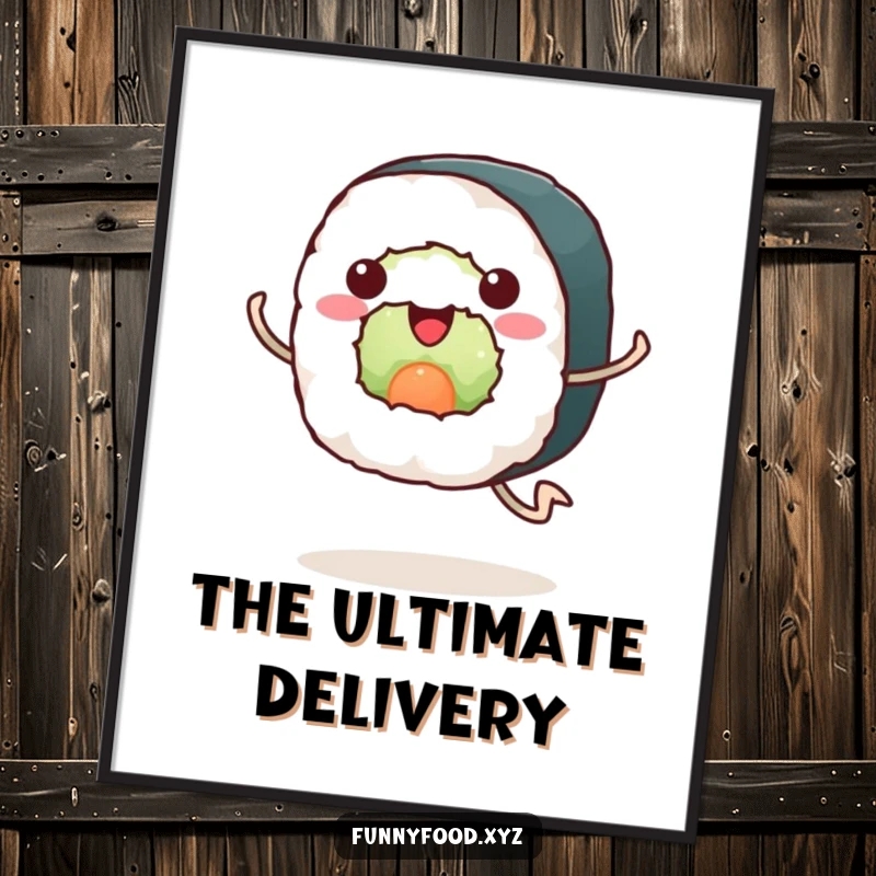 Funny sushi poster, a happy sushi roll with legs running enthusiastically, vibrant and fun wall art.