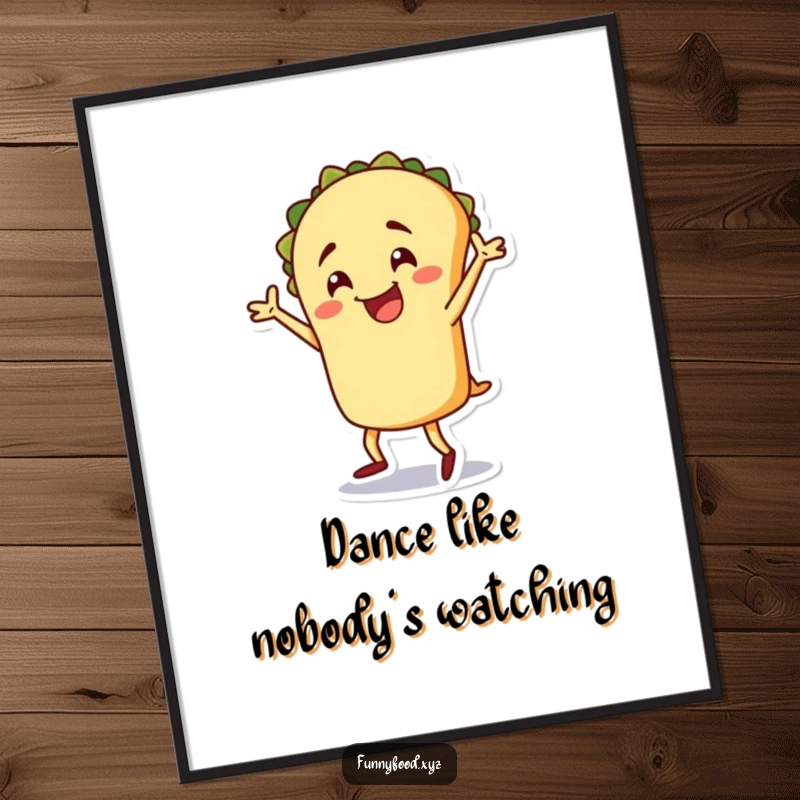 Funny taco poster, a cheerful taco character doing a silly dance, vibrant and fun wall art.
