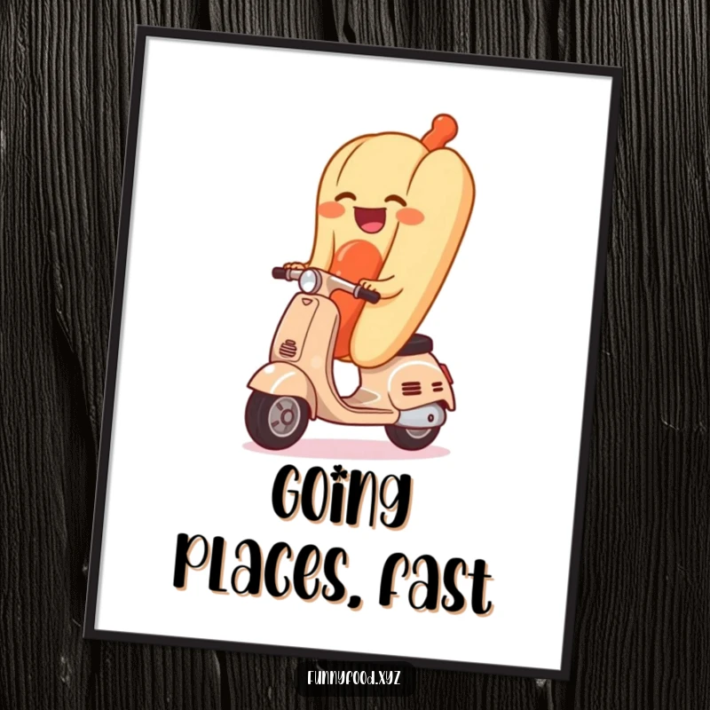 Funny poster print of a hot dog with a wide, infectious giggle cruising on a tiny scooter, bringing instant cheer to any space.