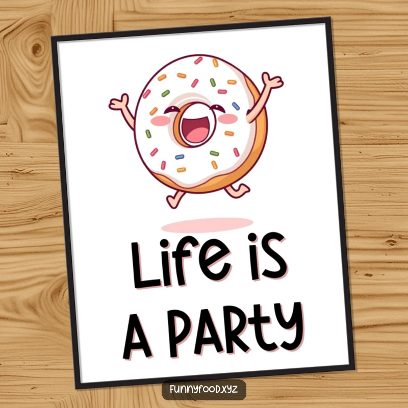 Funny donut poster depicting a delighted donut with sprinkles mid-leap, radiating pure joy and energetic happiness. Excellent funny gift.