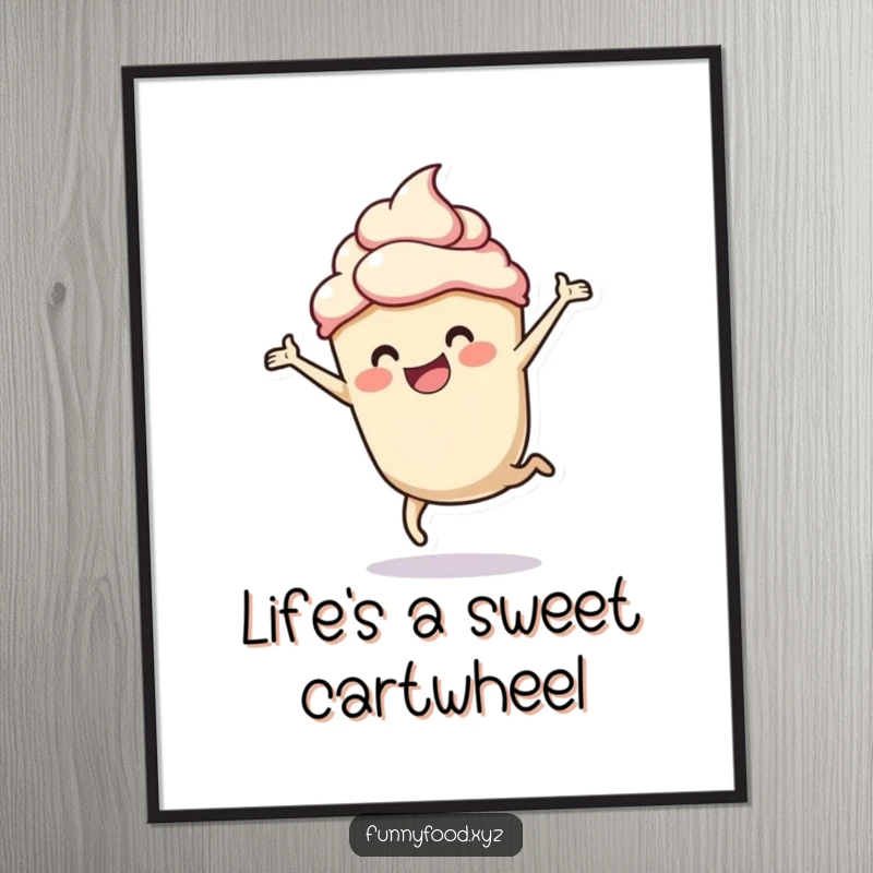Funny poster of a cheerful cupcake doing a cartwheel, bringing sweet fun to walls.