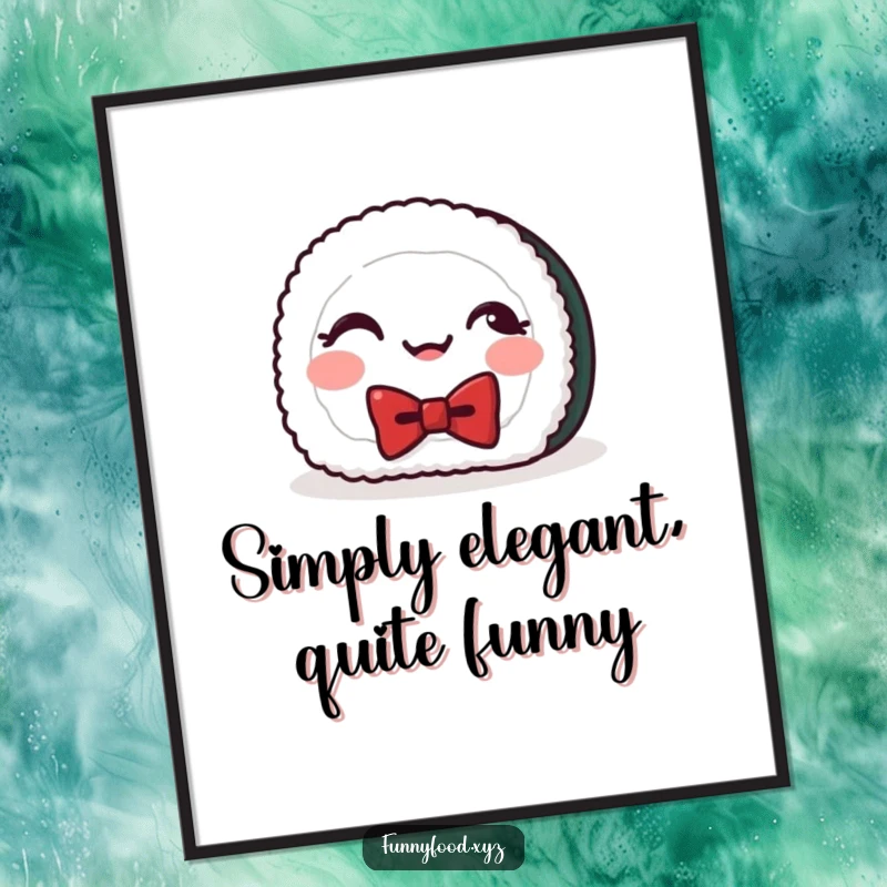 Funny poster art of a cheerful sushi roll in a bowtie, giggling, conveying joy and Japanese culinary charm.