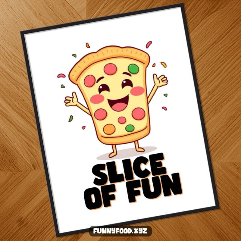 Funny poster art of a grinning pizza slice gleefully throwing confetti, bringing celebratory vibes and cheesy humor.